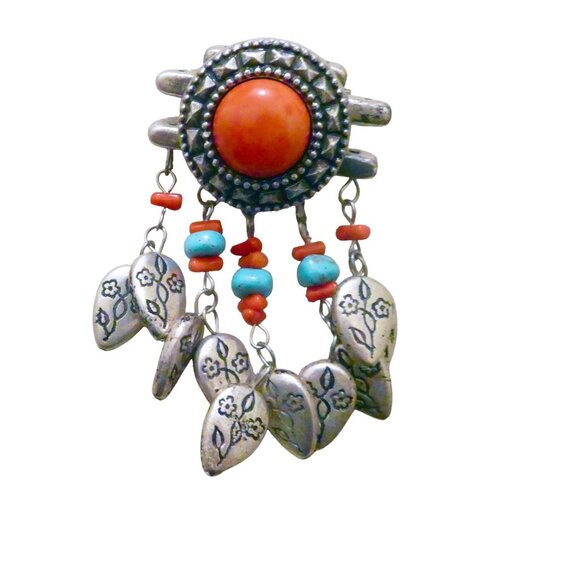 Western dangle brooch faux coral & turquoise - Picture 4 of 5